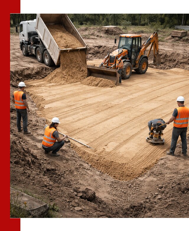 Устройство песчаной подушки для фундаментов и дорог в Мысках